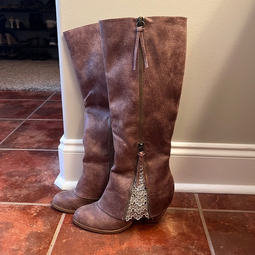 Tall brown leather boots with lace